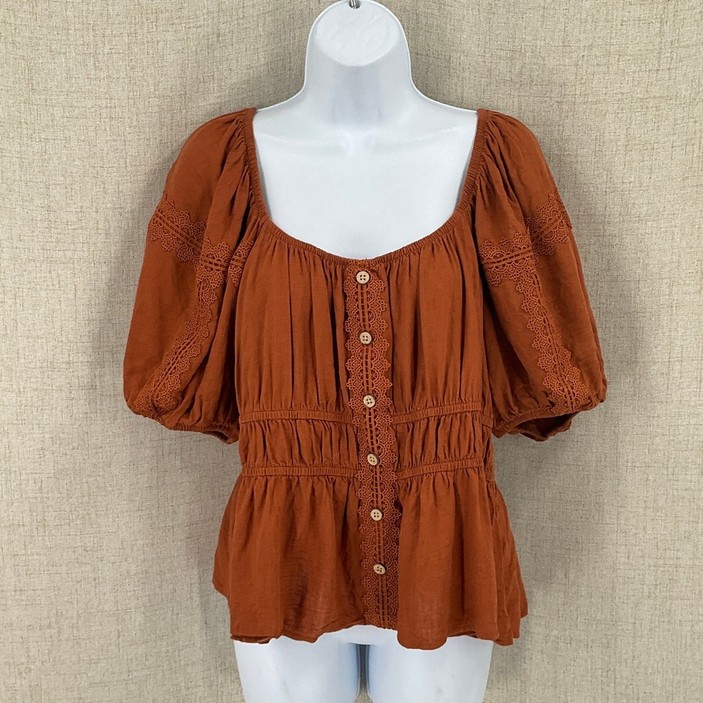 Earthbound Peplum Top Womens XL Orange Linen Lace Smocked Peasant Cottagecore